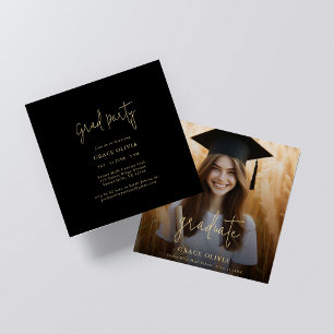 Modern Script Zwart & Goud Fotoafstudeerfeest Kaart