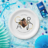 Modern Script Zwart & Goud Tassel Afstudeerder Fot Papieren Bordje (Feest)