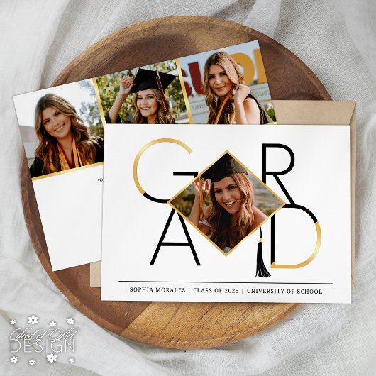 Modern Script Zwart Goud Tassel Afstudeerder Fotoc Kaart