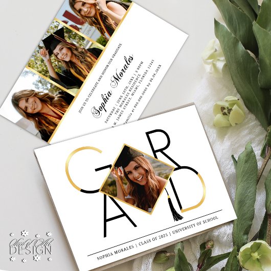 Modern Script Zwart Goud Tassel Afstudeerder Fotoc Kaart