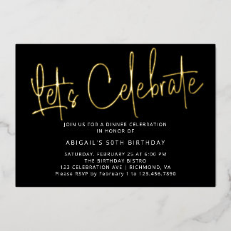 Modern Script Zwart Goud Verjaardag Vieren Feest Folie Uitnodiging
