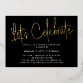 Modern Script Zwart Goud Verjaardag Vieren Feest Folie Uitnodiging (Voorkant)