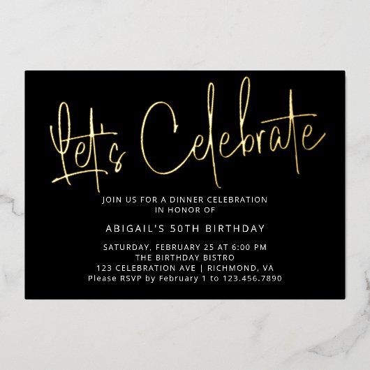 Modern Script Zwart Goud Verjaardag Vieren Feest Folie Uitnodiging (Voorkant)