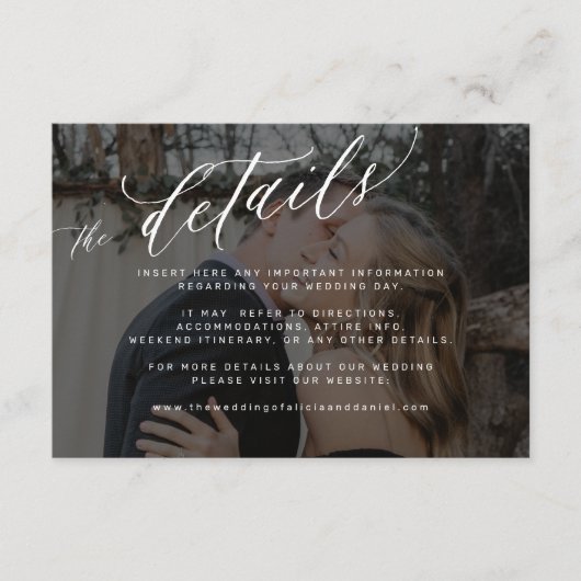 Modern script zwart vervaagd foto bruiloft details informatiekaartje (Voorkant)