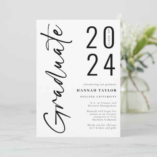 Modern Script Zwart Wit 2024 Foto Afstuderen Aankondiging (Staand voorkant)