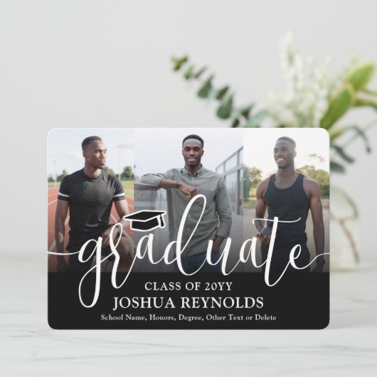 Modern Script Zwart-wit 4 Foto Afstuderen Aankondiging (Staand voorkant)