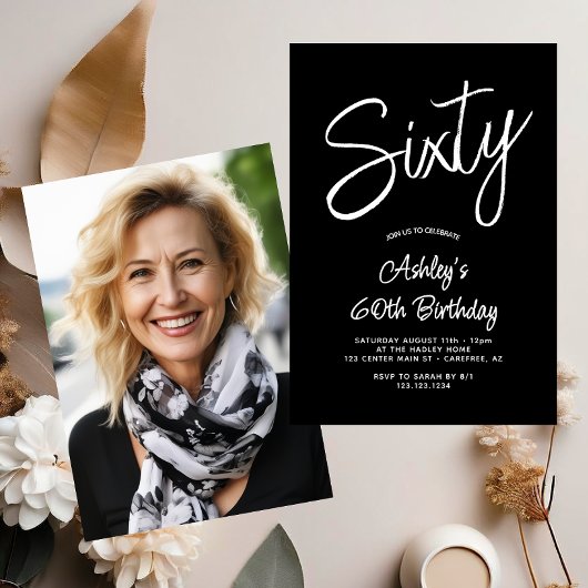 Modern Script Zwart Wit 60e foto verjaardag Kaart