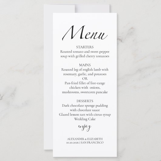Modern Script Zwart & Wit | Bruiloft Menu Kaart (Voorkant)