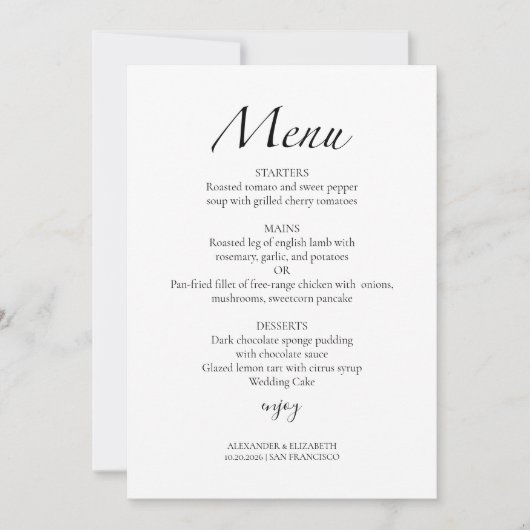 Modern Script Zwart & Wit | Bruiloft Menu Kaart (Voorkant)