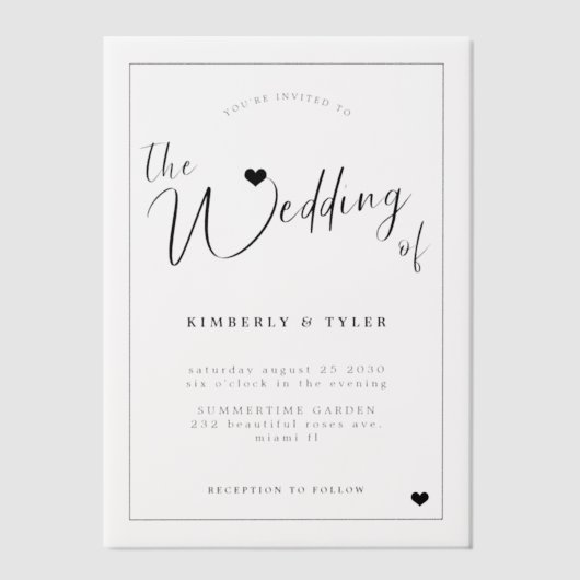 Modern script zwart-wit bruiloft overlay vellum uitnodigingen (Voorkant)
