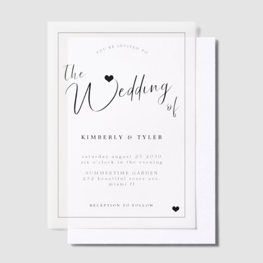 Modern script zwart-wit bruiloft overlay vellum uitnodigingen (Offset)