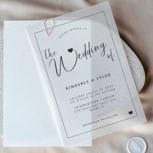 Modern script zwart-wit bruiloft overlay vellum uitnodigingen