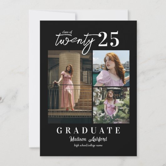 Modern Script Zwart Wit Foto Collage Afstuderen Aankondiging (Voorkant)