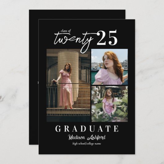 Modern Script Zwart Wit Foto Collage Afstuderen Aankondiging (Voorkant / Achterkant)