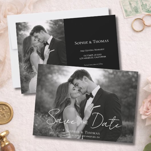 Modern Script Zwart-wit Foto Save the Date
