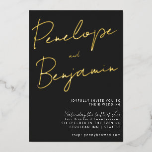 Modern Script Zwart Wit Goud Elegante Trouw Folie Uitnodiging