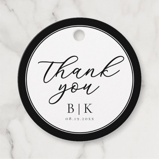 Modern Script Zwart-wit grens bruiloft Bedankjes Labels (Voorkant)