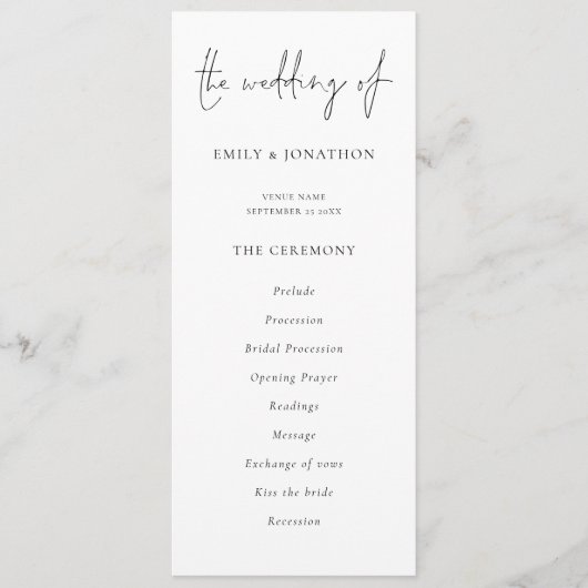 Modern Script Zwart Wit Huwelijksprogramma Kaart (Voorkant)