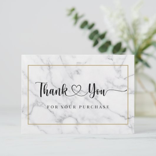 Modern script zwart wit marmer bedankkaart (Staand voorkant)