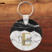 Modern Script Zwart Wit Marmer Goud Monogrammed Sleutelhanger (Voorkant)