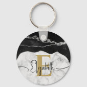 Modern Script Zwart Wit Marmer Goud Monogrammed Sleutelhanger (Achterkant)