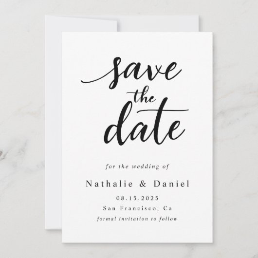 Modern Script Zwart-wit QR Code Trouwen Save The Date (Voorkant)
