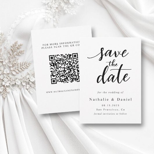 Modern Script Zwart-wit QR Code Trouwen Save The Date