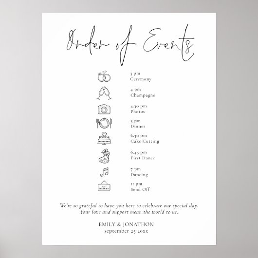 Modern Script Zwart Wit Wedding Orde van Evenement Poster (Voorkant)