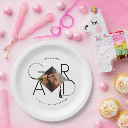 Modern Script Zwart Zilveren Tassel Afstudeerder F Papieren Bordje (Feest)