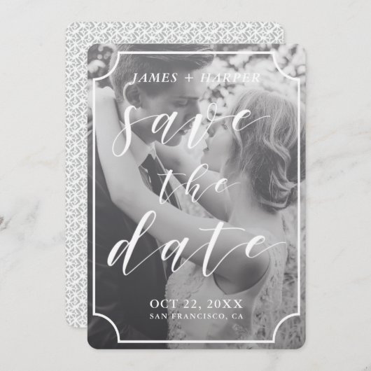 Modern scriptkader | Aangepaste foto De datum opsl Save The Date (Voorkant / Achterkant)