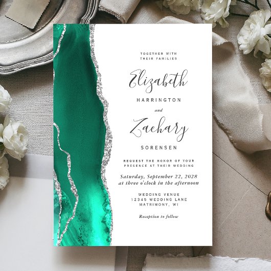 Modern Seafoam Green Silver Agate Wedding Kaart