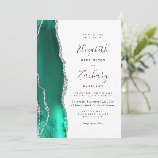 Modern Seafoam Green Silver Agate Wedding Kaart (Staand voorkant)