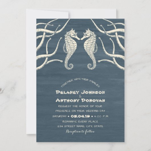 Modern Seahorse Nautical Beach Thed Wedding Kaart (Voorkant)