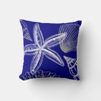 Modern Seashell Beach House Blauwe Witte Zeester Kussen
