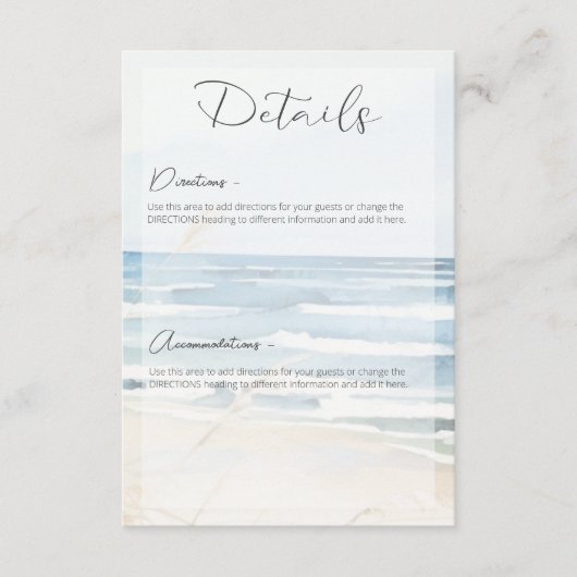 Modern Seaside Waterverf Beach bruiloft details Informatiekaartje (Voorkant)