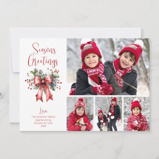 Modern SEASONS GROETJES 4 Foto's Red Bow Script Feestdagenkaart (Voorkant)