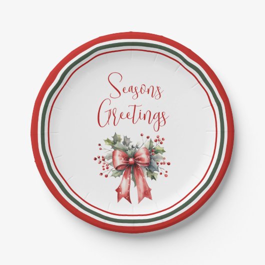Modern Seasons Groetjes Script Holly Bow Papieren Bordje (Voorkant)