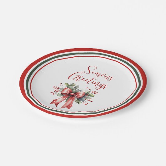 Modern Seasons Groetjes Script Holly Bow Papieren Bordje (Gekanteld)