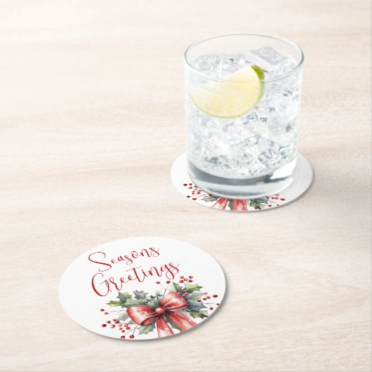 Modern Seasons Groetjes Script Holly Bow Red Ronde Kartonnen Onderzetter (Insitu)