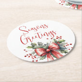 Modern Seasons Groetjes Script Holly Bow Red Ronde Kartonnen Onderzetter (Gebogen)
