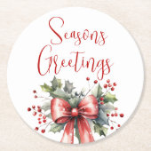 Modern Seasons Groetjes Script Holly Bow Red Ronde Kartonnen Onderzetter (Voorkant)