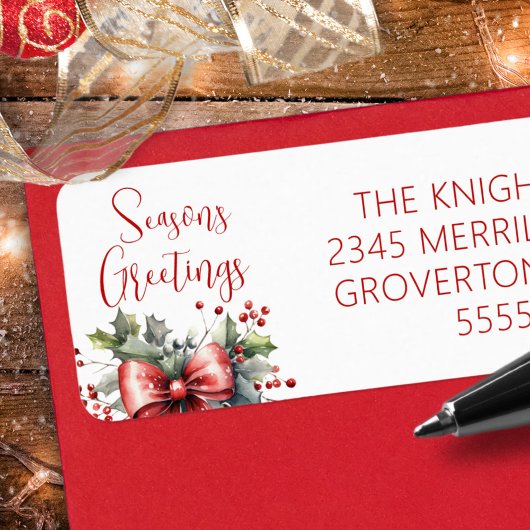 Modern Seasons Groetjes Script Red Bow Holly Etiket