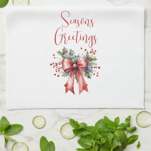 Modern Seasons Groetjes Script Red Bow Theedoek (Gevouwen)