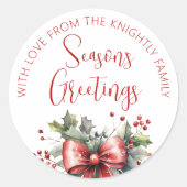 Modern Seasons Groetjes Script Red Bow van naam Ronde Sticker (Voorkant)