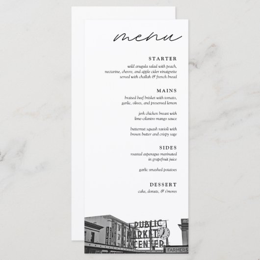 Modern Seattle zwart & wit bruiloft diner Menu (Voorkant / Achterkant)