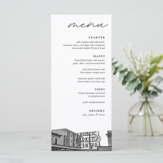 Modern Seattle zwart & wit bruiloft diner Menu (Staand voorkant)