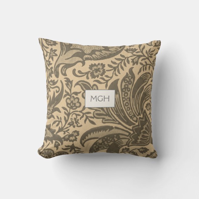 Modern sepia tan botanisch monogram kussen (Voorkant)
