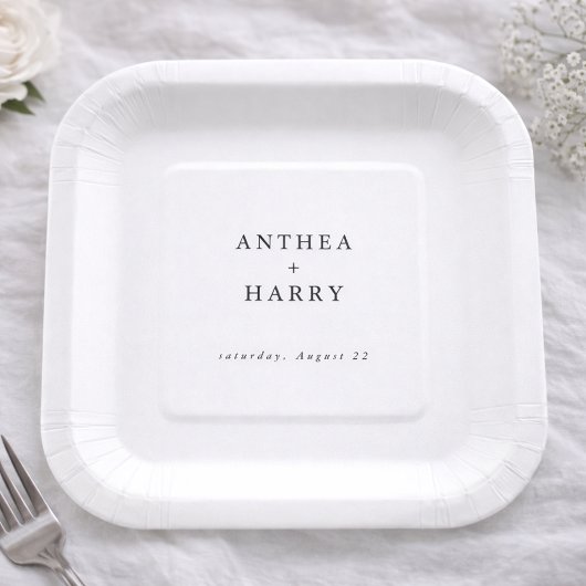 Modern Serif Black White Wedding Paper Plate Papieren Bordje