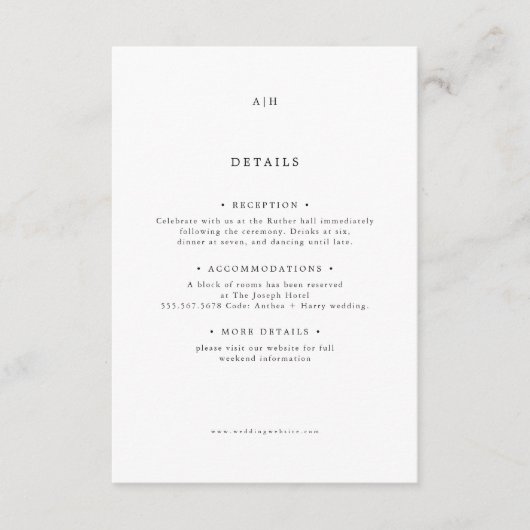 Modern Serif Monogram Editorial Wedding Deatils Informatiekaartje (Voorkant)