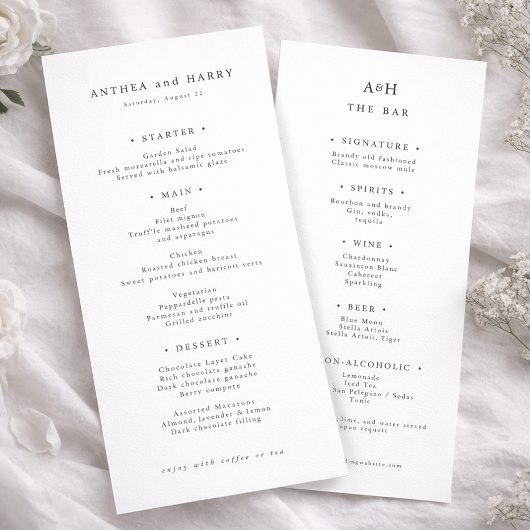 Modern Serif Wedding Dinner And Bar Menu Card